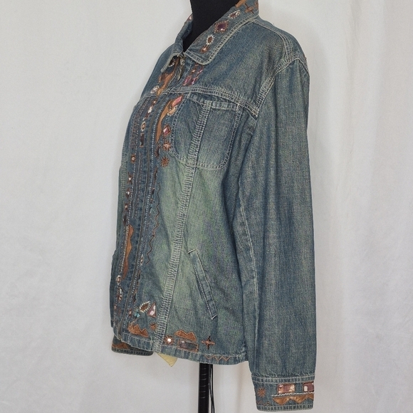 Chico's Southwestern Aztec-Style Embroidered Denim Zip Jacket - Size 2 (L/12) - Picture 2 of 14
